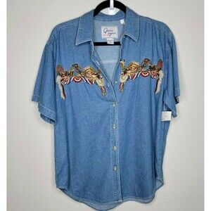 Cottagecore Womens Med Quizz Again  Shirt Rodeo Design Embroidered Denim NWT